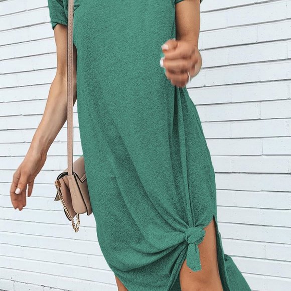 Green Casual Short Sleeve T-shirt Midi Dress with High Splits - Picture 4 of 14